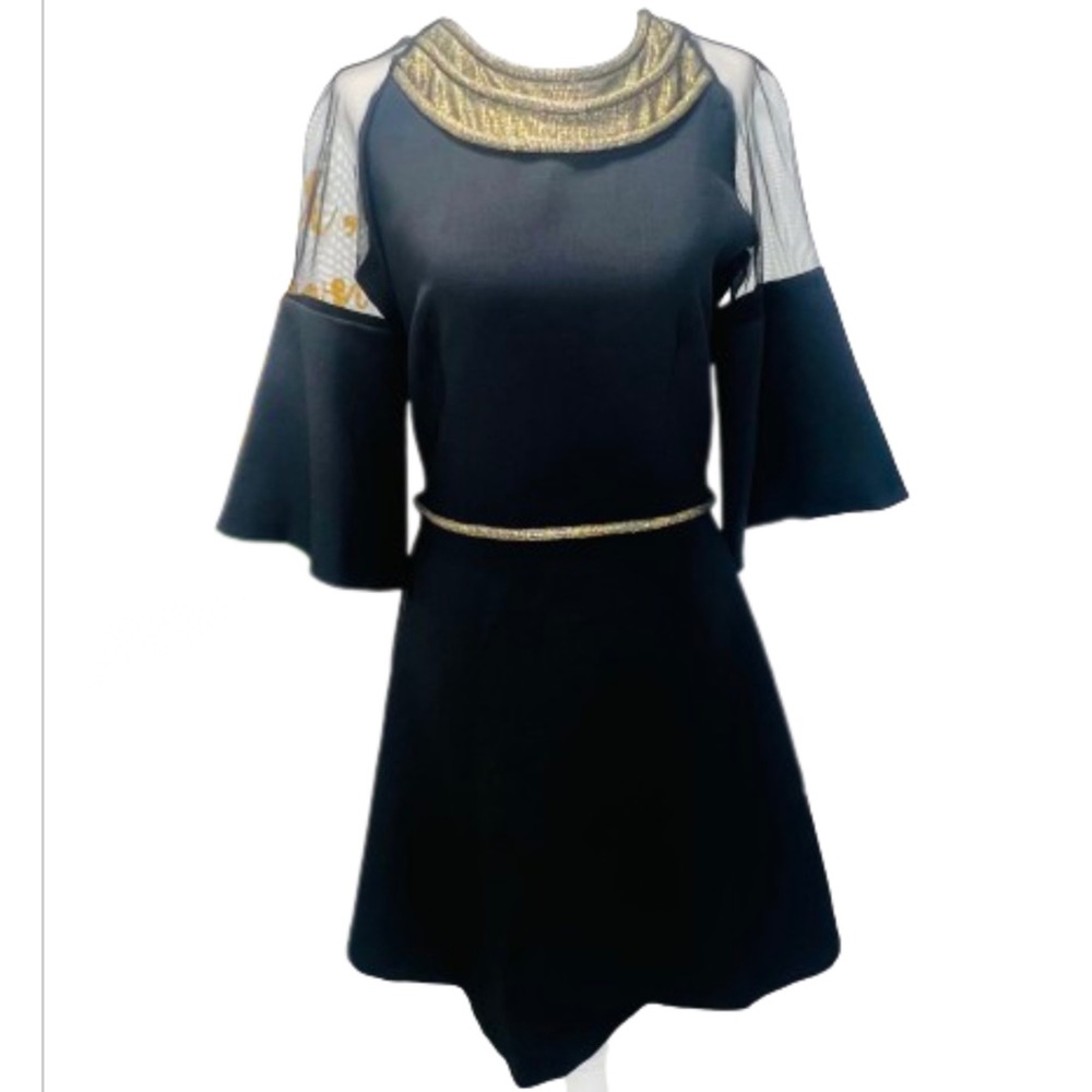 GENEVIE Black Mini Dress Gold & Sheer Bell Sleeve Dress NWT Size Small Medium - Picture 9 of 14